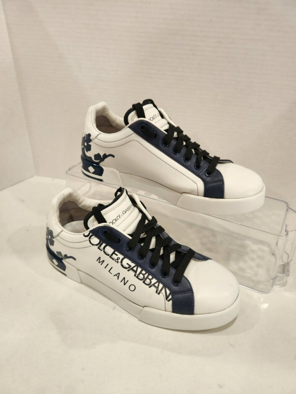 Vintage Dolce & Gabbana Sneakers Mens 7.5 White Blue Leather Crown Milano